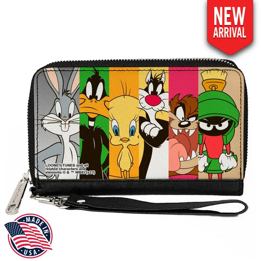 PU Zip Around Wallet Rectangle - Looney Tunes 6-Classic Character Blocks Multi Color Clutch Zip Around Wallets