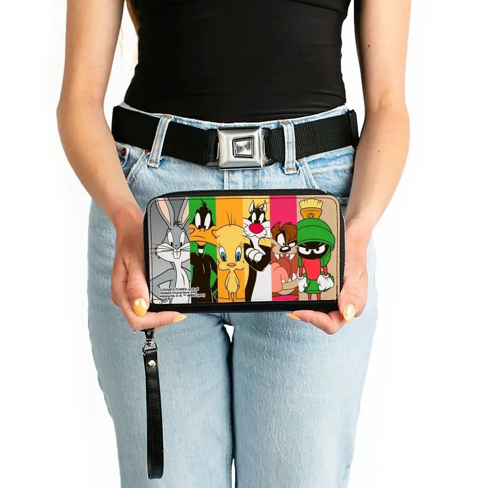 PU Zip Around Wallet Rectangle - Looney Tunes 6-Classic Character Blocks Multi Color Clutch Zip Around Wallets