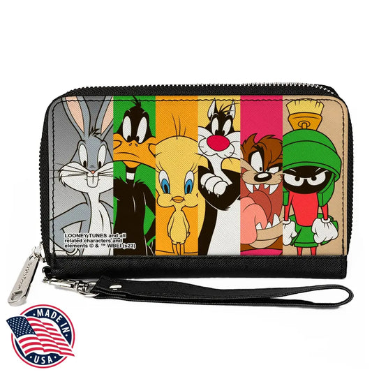 PU Zip Around Wallet Rectangle - Looney Tunes 6-Classic Character Blocks Multi Color Clutch Zip Around Wallets