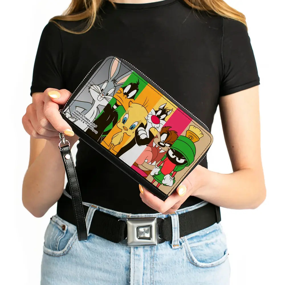PU Zip Around Wallet Rectangle - Looney Tunes 6-Classic Character Blocks Multi Color Clutch Zip Around Wallets