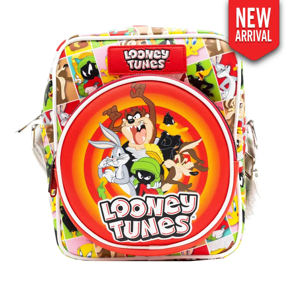 Looney Tunes Vegan Leather Crossbody Bag with Front and Back Zip Pocket Looney Tunes Bullseye Group Pose and Character