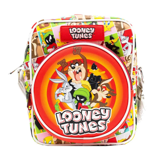 Looney Tunes Vegan Leather Crossbody Bag with Front and Back Zip Pocket Looney Tunes Bullseye Group Pose and Character