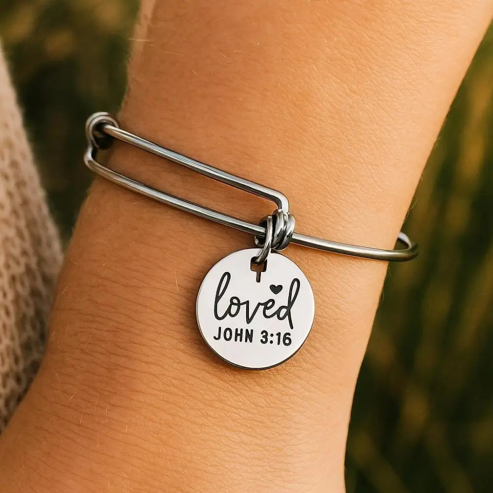Loved John 3 16 Stainless Steel Engraved Charm Bracelet Christian Faith Expanding Bangle - Bracelets