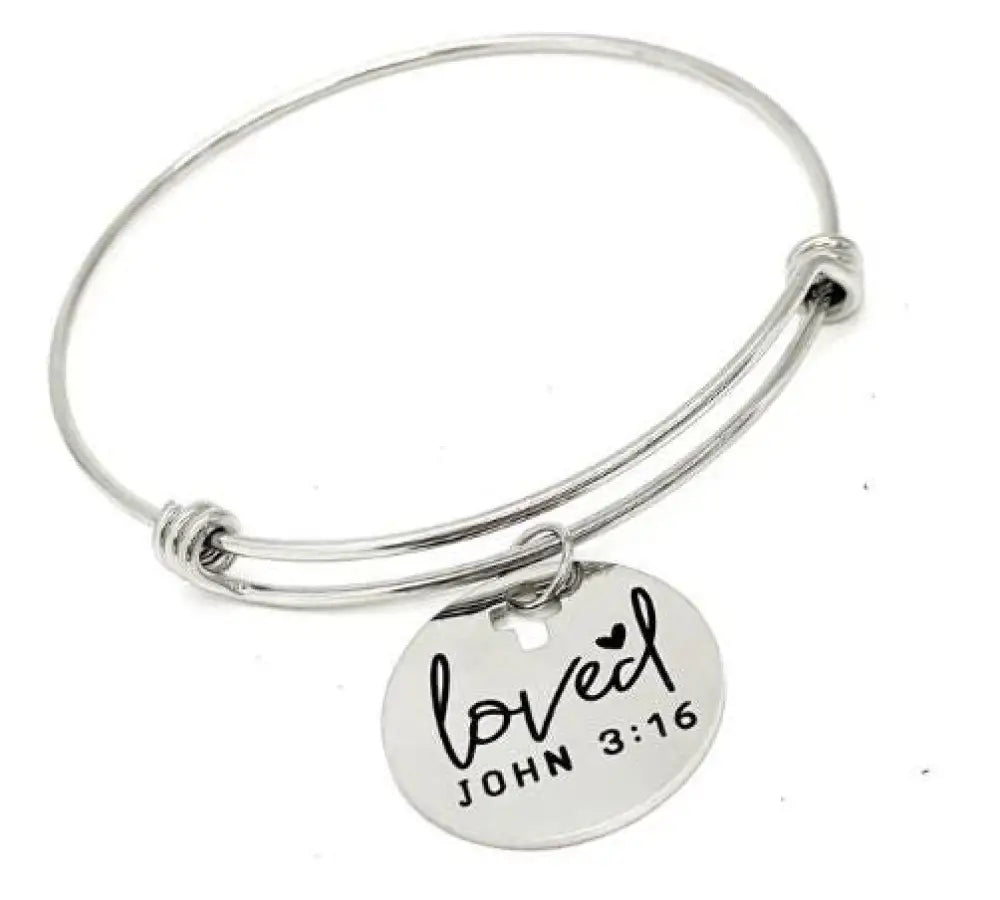 Loved John 3 16 Stainless Steel Engraved Charm Bracelet Christian Faith Expanding Bangle - Bracelets