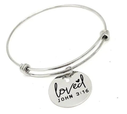 Loved John 3 16 Stainless Steel Engraved Charm Bracelet Christian Faith Expanding Bangle - Bracelets