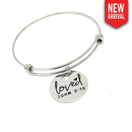 Loved John 3 16 Stainless Steel Engraved Charm Bracelet Christian Faith Expanding Bangle - Bracelets