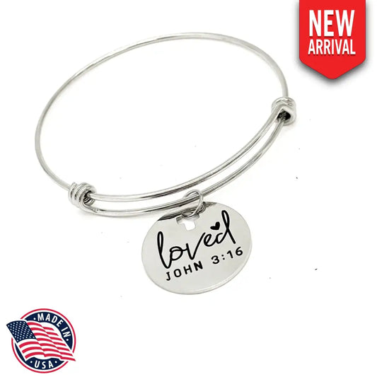 Loved John 3 16 Stainless Steel Engraved Charm Bracelet Christian Faith Expanding Bangle - Bracelets