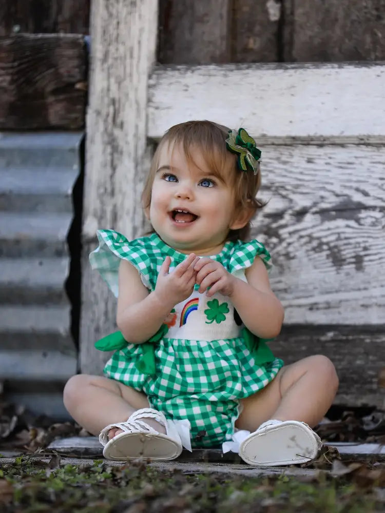 St. Patrick’s Day Shamrock Smocking Embroidered Plaid Baby Girls Romper Romper
