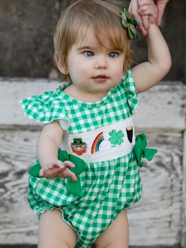 St. Patrick’s Day Shamrock Smocking Embroidered Plaid Baby Girls Romper Romper