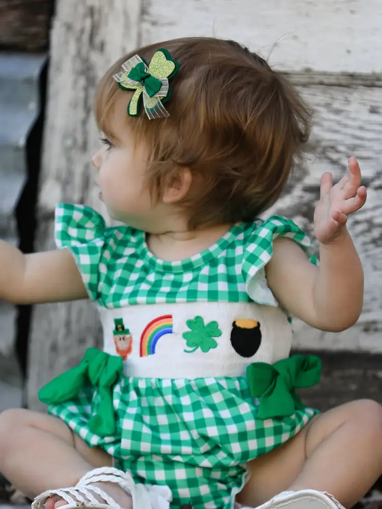 St. Patrick’s Day Shamrock Smocking Embroidered Plaid Baby Girls Romper Romper