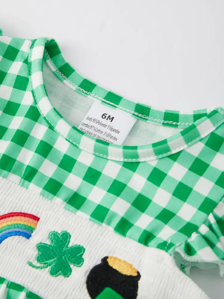 St. Patrick’s Day Shamrock Smocking Embroidered Plaid Baby Girls Romper Romper