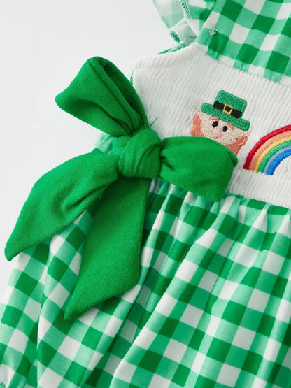 St. Patrick’s Day Shamrock Smocking Embroidered Plaid Baby Girls Romper Romper