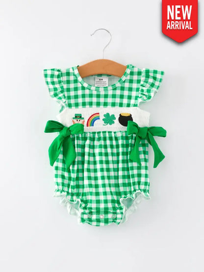 St. Patrick’s Day Shamrock Smocking Embroidered Plaid Baby Girls Romper Romper