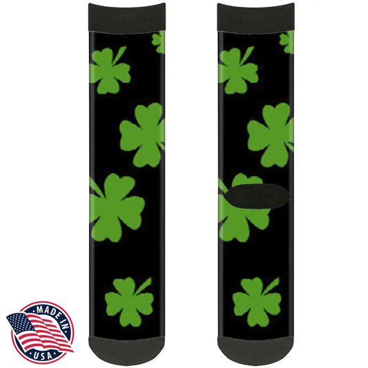 Sock Pair - Polyester - St. Pat’s Clovers Scattered2 Black Green - CREW Socks