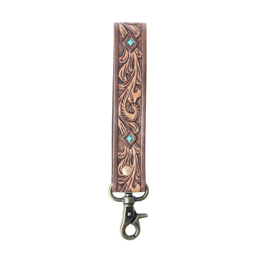 Myra Spirit Stone Handtooled Leather Keyfob in Mahogany Brown - Mahogany Brown - Gifts & Accessories