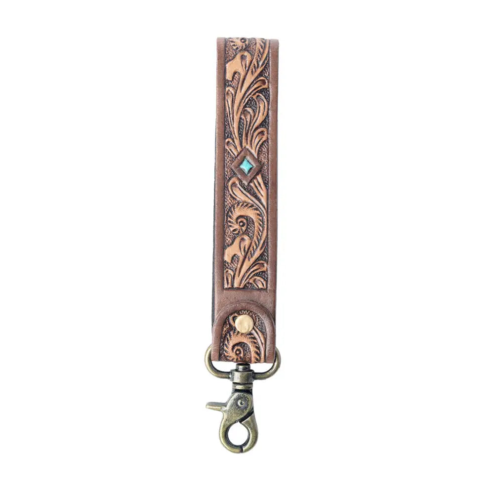 Myra Spirit Stone Handtooled Leather Keyfob in Mahogany Brown - Mahogany Brown - Gifts & Accessories
