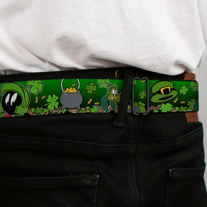 Looney Tunes Logo Full Color White Seatbelt Belt - Marvin the Martian & K-9 Poses/Clovers Greens Webbing Seatbelt Belts