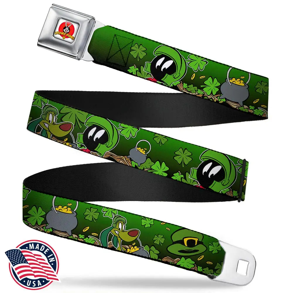 Looney Tunes Logo Full Color White Seatbelt Belt - Marvin the Martian & K-9 Poses/Clovers Greens Webbing Seatbelt Belts