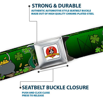 Looney Tunes Logo Full Color White Seatbelt Belt - Marvin the Martian & K-9 Poses/Clovers Greens Webbing Seatbelt Belts