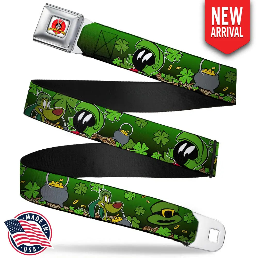 Looney Tunes Logo Full Color White Seatbelt Belt - Marvin the Martian & K-9 Poses/Clovers Greens Webbing Seatbelt Belts
