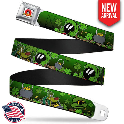 Looney Tunes Logo Full Color White Seatbelt Belt - Marvin the Martian & K-9 Poses/Clovers Greens Webbing Seatbelt Belts