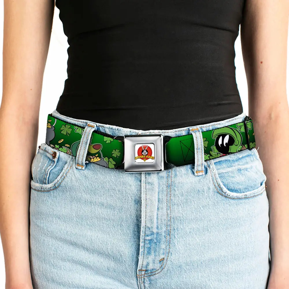 Looney Tunes Logo Full Color White Seatbelt Belt - Marvin the Martian & K-9 Poses/Clovers Greens Webbing Seatbelt Belts