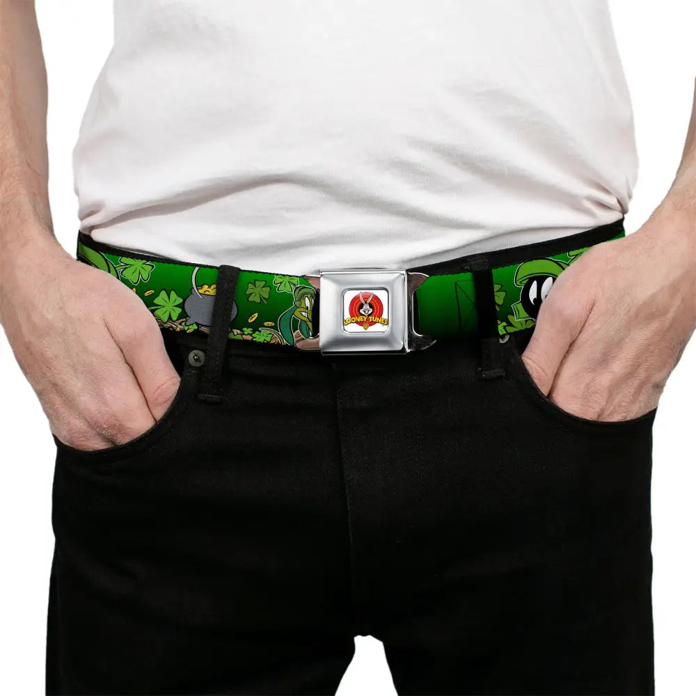 Looney Tunes Logo Full Color White Seatbelt Belt - Marvin the Martian & K-9 Poses/Clovers Greens Webbing Seatbelt Belts