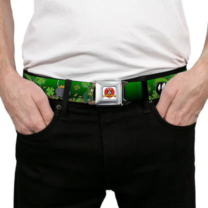 Looney Tunes Logo Full Color White Seatbelt Belt - Marvin the Martian & K-9 Poses/Clovers Greens Webbing Seatbelt Belts