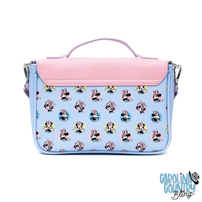 Disney Vegan Leather Fold Over Cross Body Bag for Women Minnie Mouse Winking Pose Pink and Polka Dot Poses Baby Blue