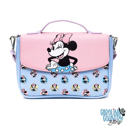 Disney Vegan Leather Fold Over Cross Body Bag for Women Minnie Mouse Winking Pose Pink and Polka Dot Poses Baby Blue
