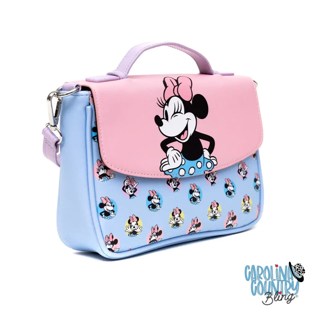Disney Vegan Leather Fold Over Cross Body Bag for Women Minnie Mouse Winking Pose Pink and Polka Dot Poses Baby Blue