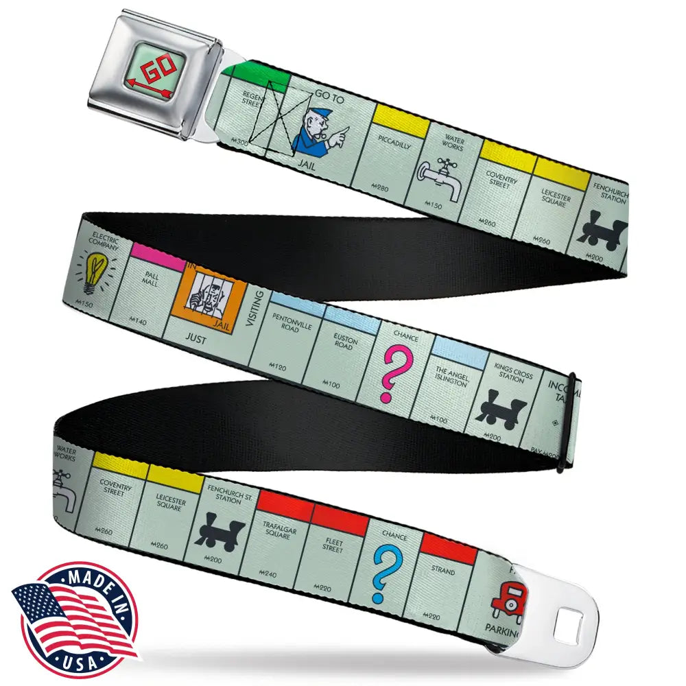 Monopoly GO Space Full Color Seatbelt Belt - Monopoly British UK Game Board Space Blocks Webbing Seatbelt Belts