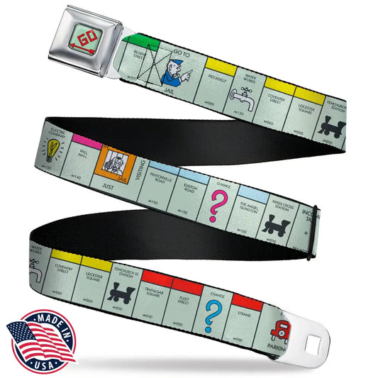 Monopoly GO Space Full Color Seatbelt Belt - Monopoly British UK Game Board Space Blocks Webbing Seatbelt Belts