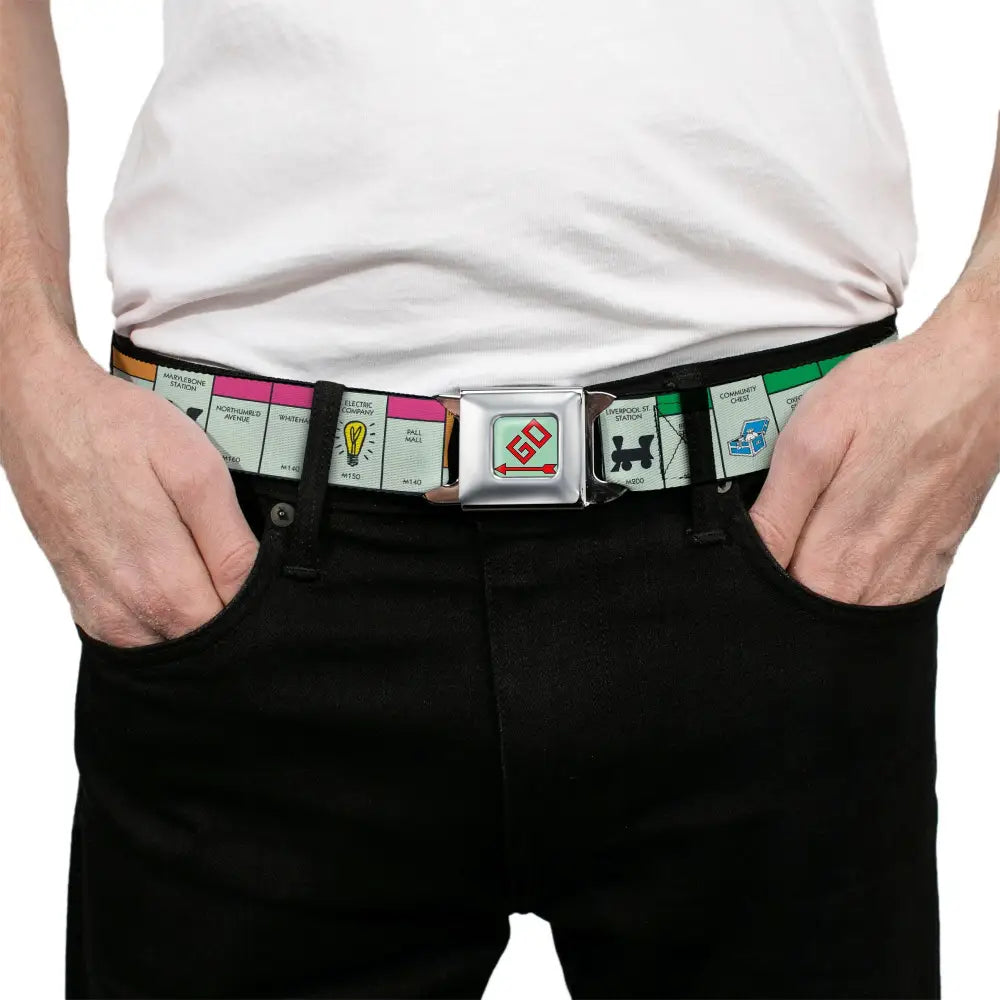 Monopoly GO Space Full Color Seatbelt Belt - Monopoly British UK Game Board Space Blocks Webbing Seatbelt Belts