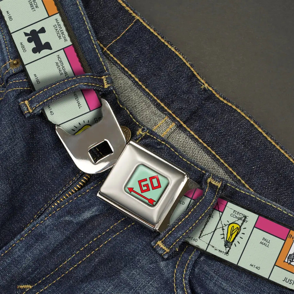Monopoly GO Space Full Color Seatbelt Belt - Monopoly British UK Game Board Space Blocks Webbing Seatbelt Belts