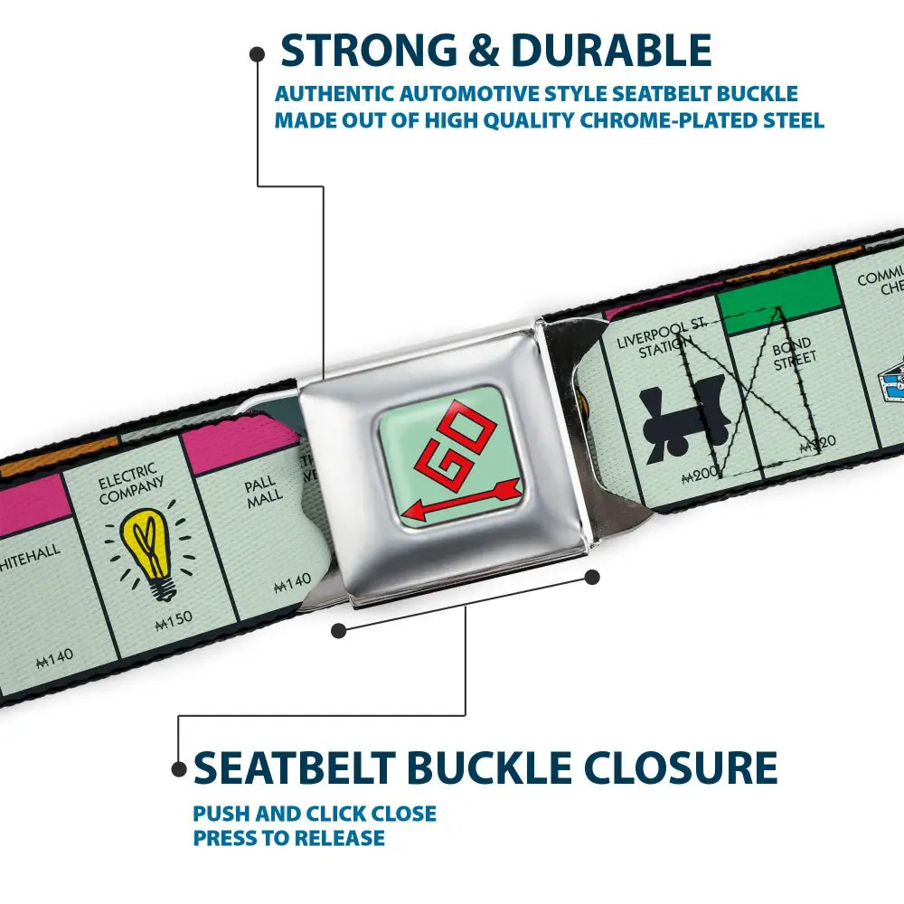 Monopoly GO Space Full Color Seatbelt Belt - Monopoly British UK Game Board Space Blocks Webbing Seatbelt Belts