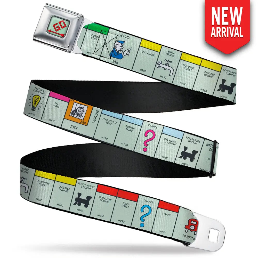Monopoly GO Space Full Color Seatbelt Belt - Monopoly British UK Game Board Space Blocks Webbing Seatbelt Belts