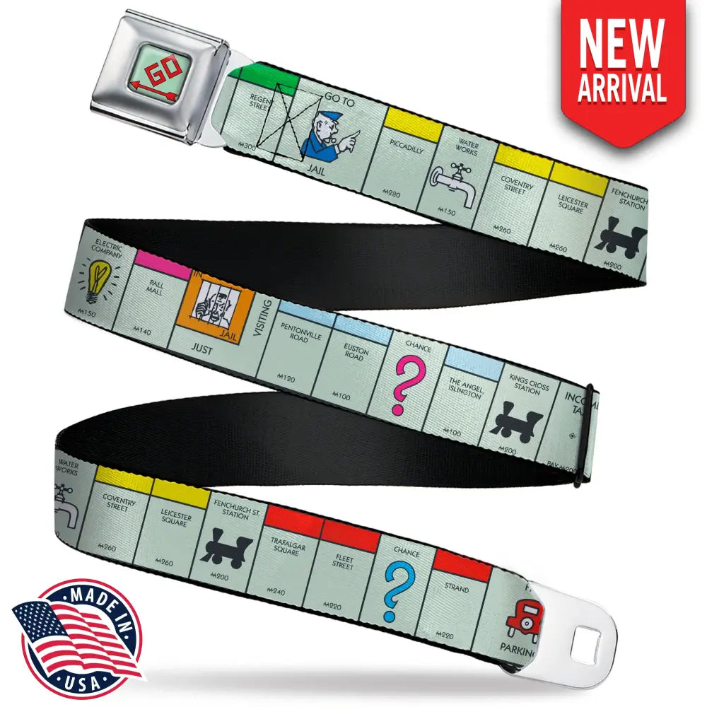 Monopoly GO Space Full Color Seatbelt Belt - Monopoly British UK Game Board Space Blocks Webbing Seatbelt Belts