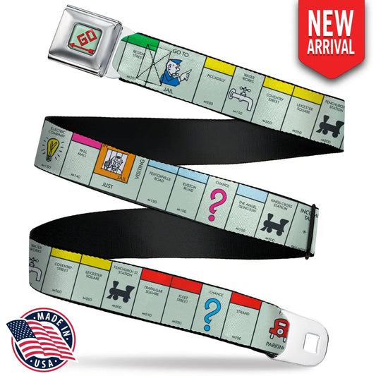 Monopoly GO Space Full Color Seatbelt Belt - Monopoly British UK Game Board Space Blocks Webbing Seatbelt Belts