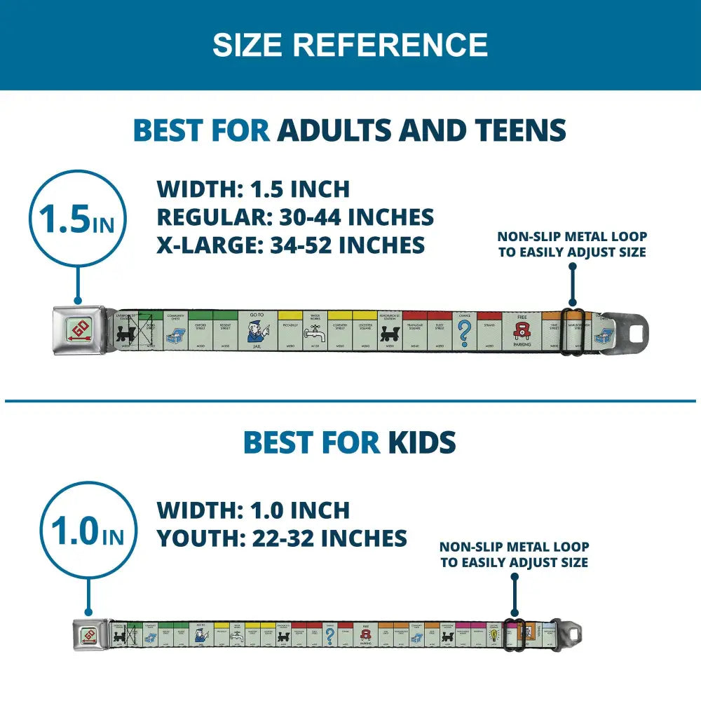 Monopoly GO Space Full Color Seatbelt Belt - Monopoly British UK Game Board Space Blocks Webbing Seatbelt Belts