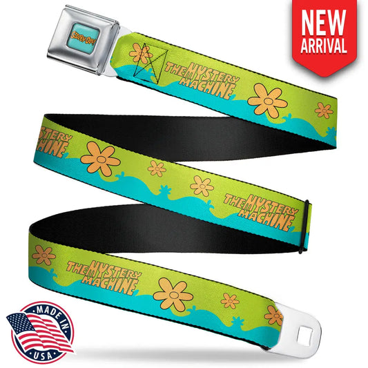 SCOOBY DOO! Text Logo Full Color Aqua/Orange Seatbelt Belt - Scooby Doo THE MYSTERY MACHINE Paint Job Green/Aqua/Orange
