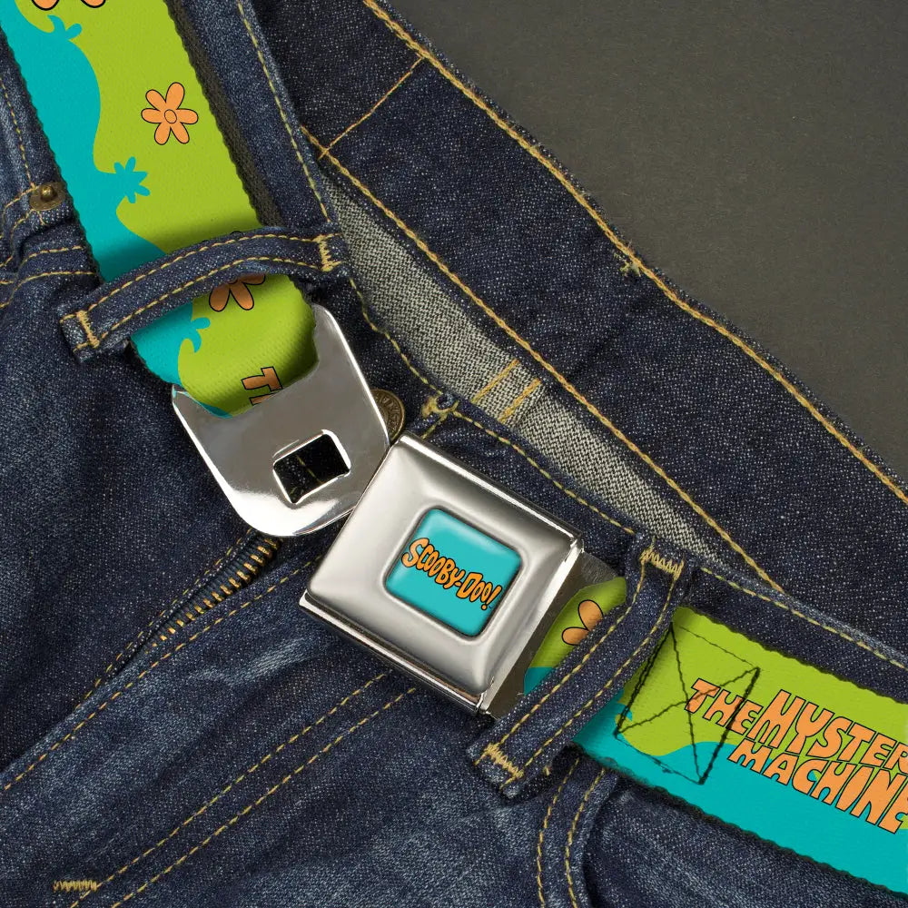 SCOOBY DOO! Text Logo Full Color Aqua/Orange Seatbelt Belt - Scooby Doo THE MYSTERY MACHINE Paint Job Green/Aqua/Orange