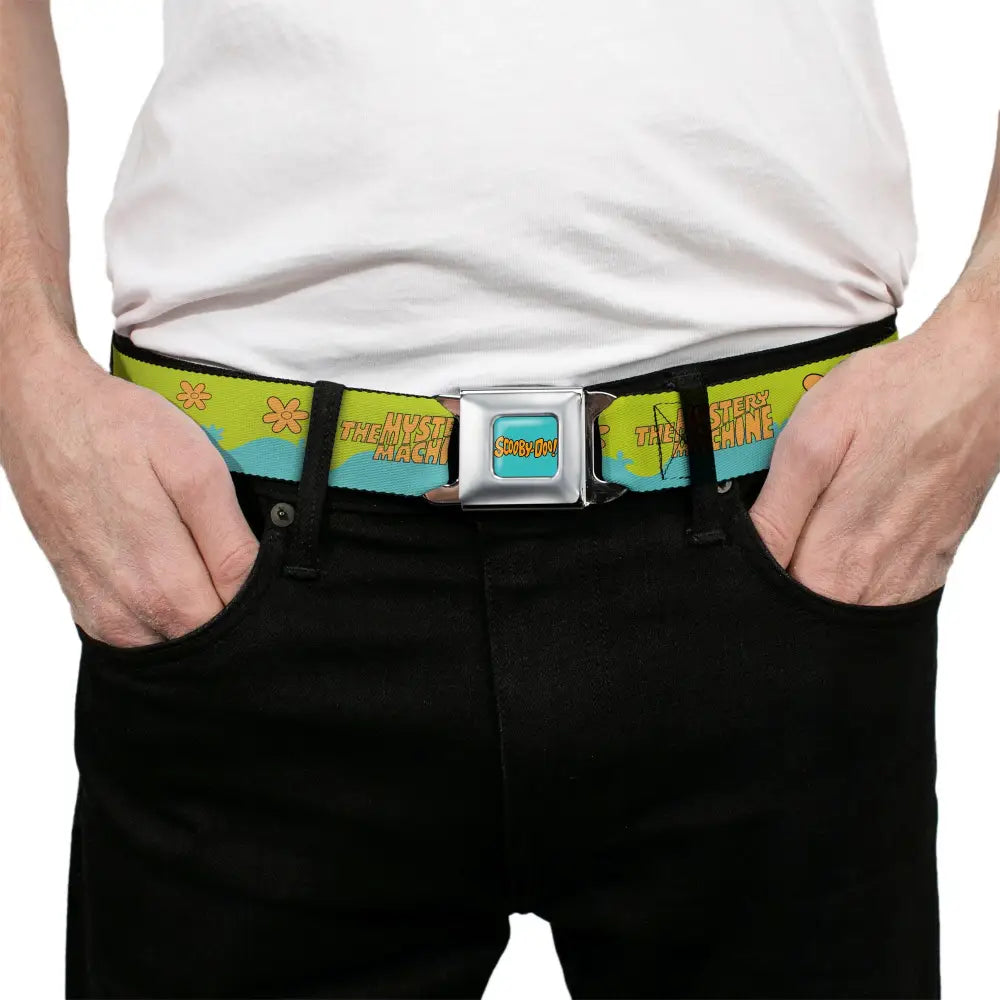 SCOOBY DOO! Text Logo Full Color Aqua/Orange Seatbelt Belt - Scooby Doo THE MYSTERY MACHINE Paint Job Green/Aqua/Orange