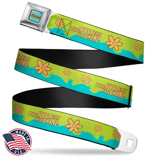 SCOOBY DOO! Text Logo Full Color Aqua/Orange Seatbelt Belt - Scooby Doo THE MYSTERY MACHINE Paint Job Green/Aqua/Orange