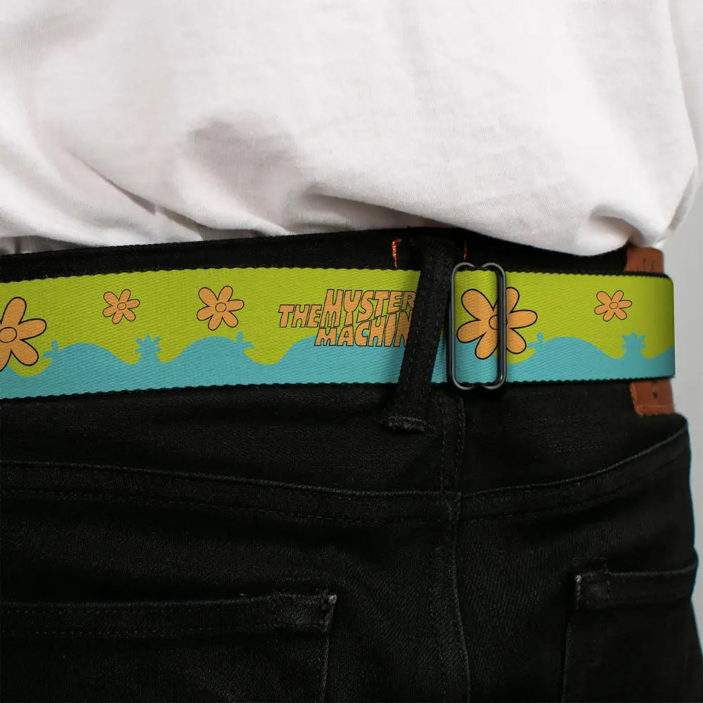 SCOOBY DOO! Text Logo Full Color Aqua/Orange Seatbelt Belt - Scooby Doo THE MYSTERY MACHINE Paint Job Green/Aqua/Orange