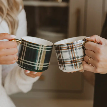 Navy Plaid 14 oz Gold Handle Coffee Mug - Coffee Mugs