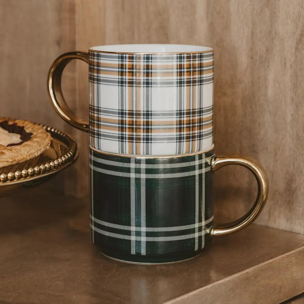 Navy Plaid 14 oz Gold Handle Coffee Mug - Coffee Mugs