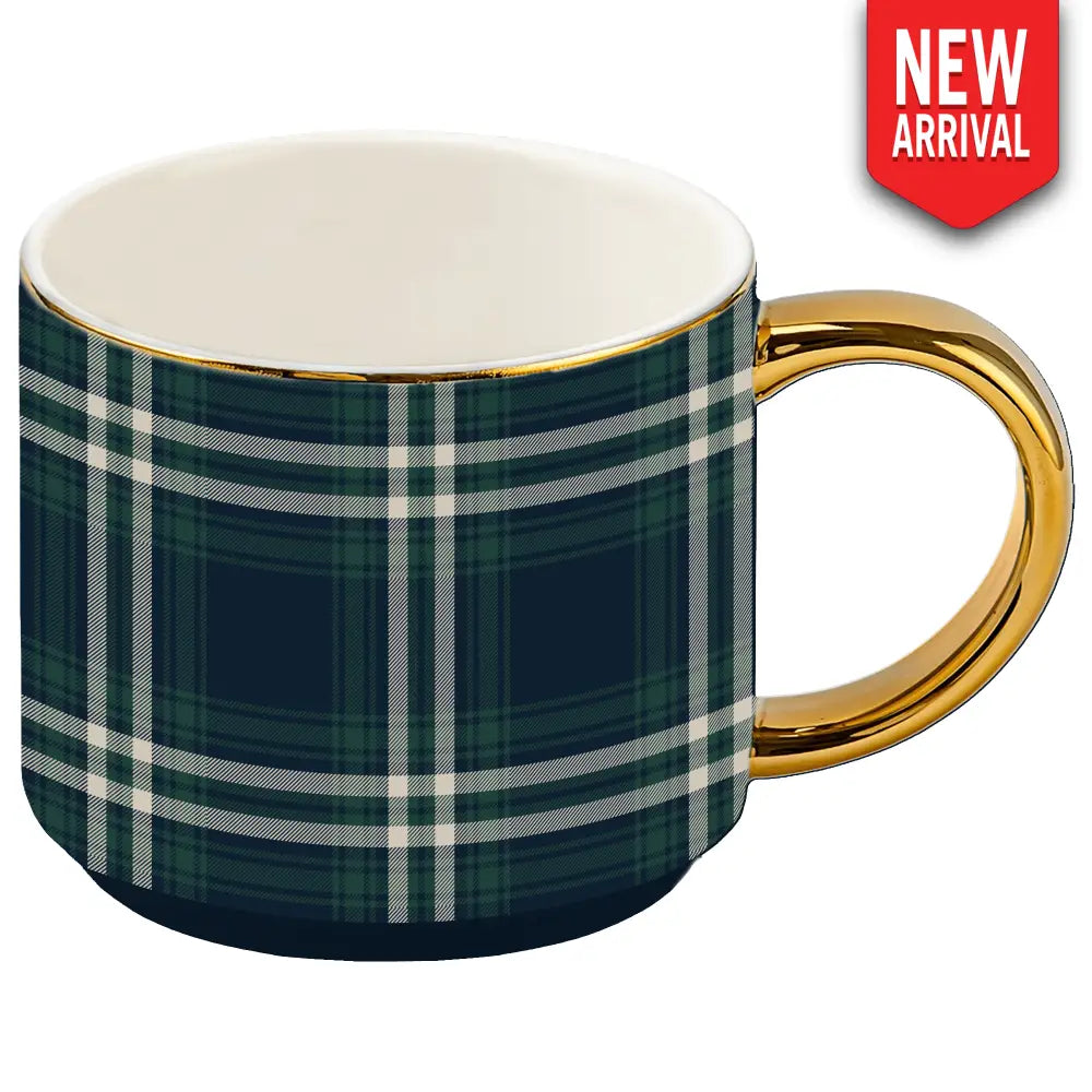 Navy Plaid 14 oz Gold Handle Coffee Mug - Coffee Mugs