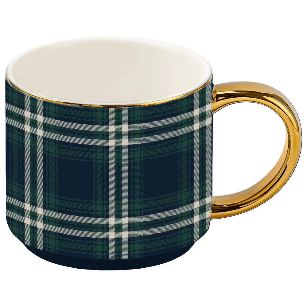 Navy Plaid 14 oz Gold Handle Coffee Mug - Coffee Mugs