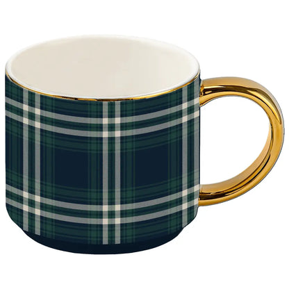 Navy Plaid 14 oz Gold Handle Coffee Mug - Coffee Mugs